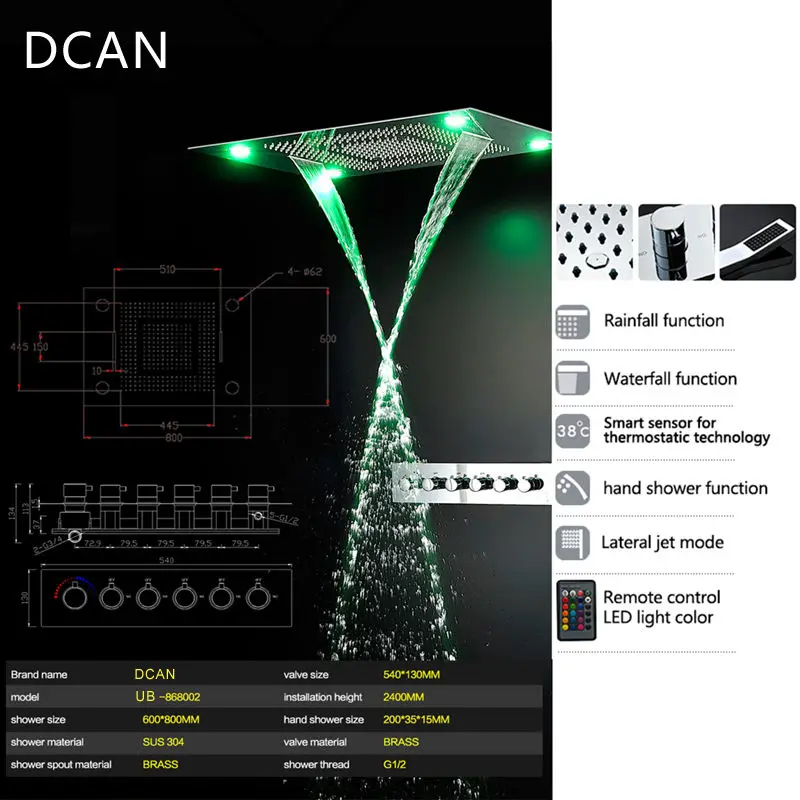 Смесители для душа в ванной Потолочный водопад Душевая лейка Big Rain LED Набор для душа Термостатический душ для душа