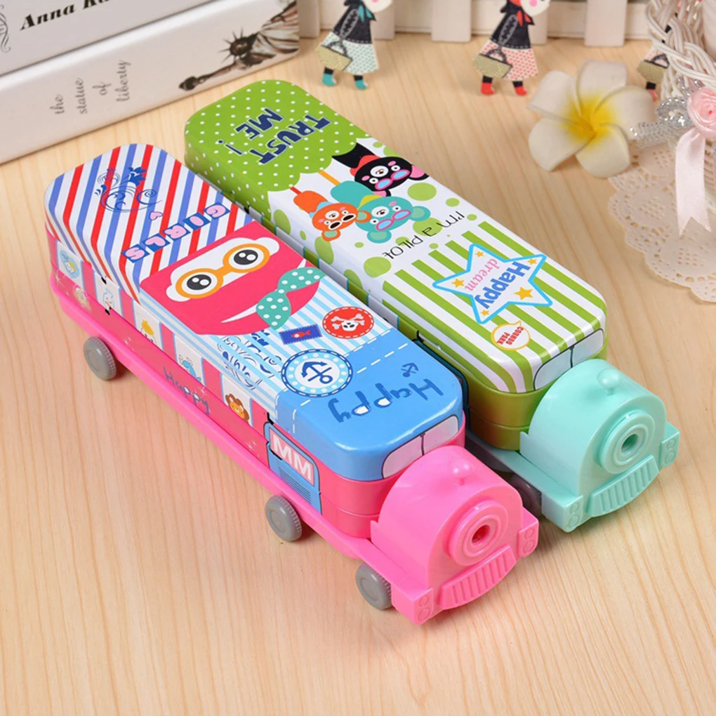 

1pc Color Random Cartoon Animal Train Shape Metal Plastic Two Layer Pencil Case Pen Box with Sharpener Kids Gift School Supplies