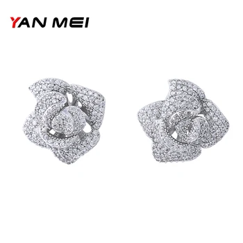 

YAN MEI Women Fashion Rose Flower Cubic Zirconia Earrings Romantic Stud Earrings Luxury Bridal Jewelry GLE5356AY