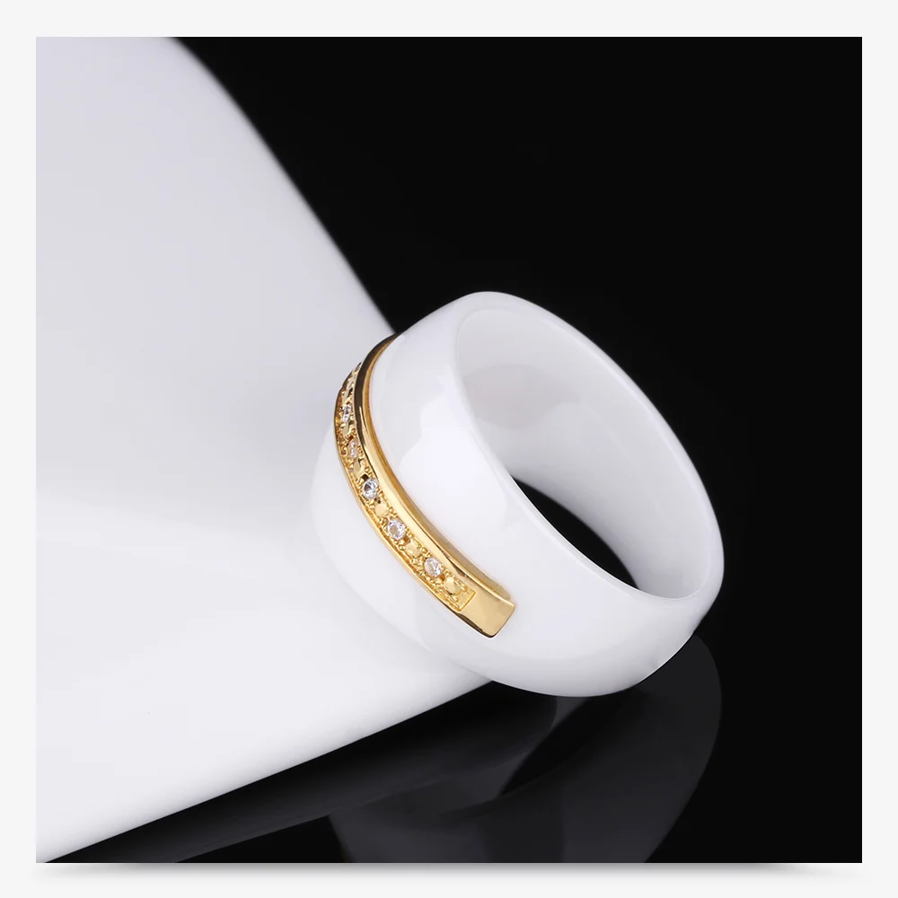 Уникальный дизайн черно-белые керамические кольца для женщин золотого цвета металлические кубические циркониевые керамические свадебные ювелирные изделия