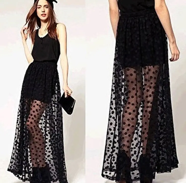 2016 Cute Fashion Women Polka Dot Skirt Layer Lace Voile Long Maxi