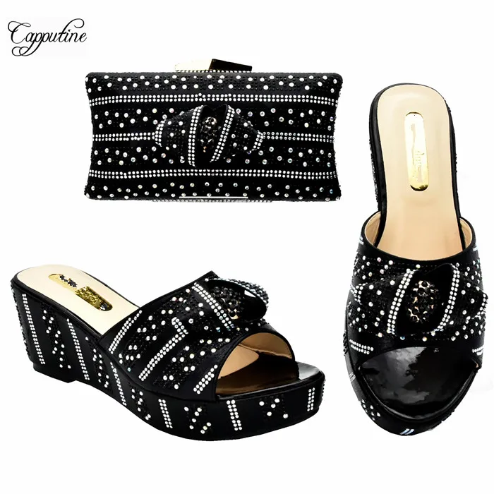 

Popular black wedge high heel African shoes and purse bag sets with rhinestones 333-3, heel height 7cm
