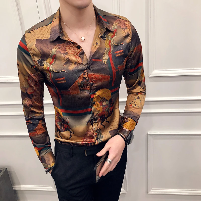 

Vintage Printed Long Sleeve Shirt Men Japanese Style Mens Fashion Designer Luxury Camisa Masculina Slim Fit Camicia Uomo