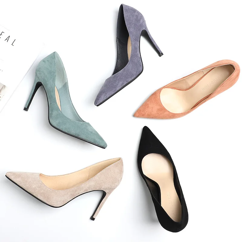 

2019 new women's shoes temperament pointed stiletto high-heeled professional work shoes suede spring single shoes.