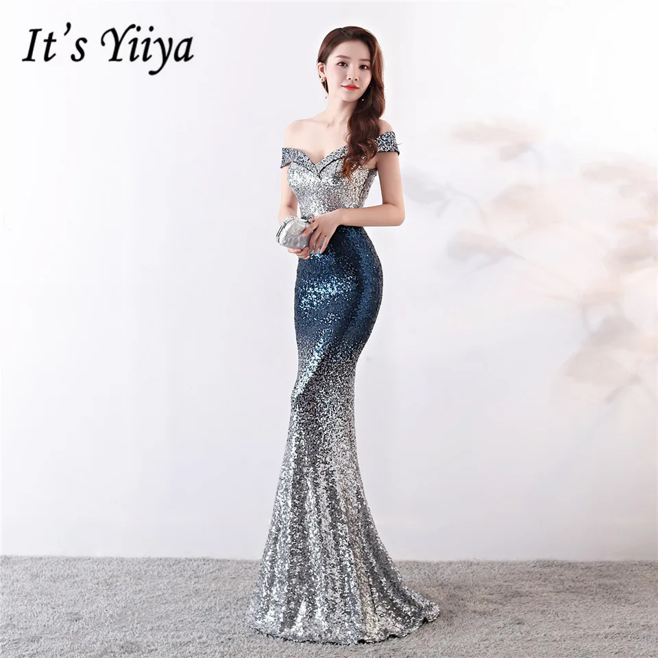 It's Yiiya Evening dresses long Sequined Zipper back Sexy Mermaid Party Gowns Floor-length V-neck Royal Trumpet Prom dress C133