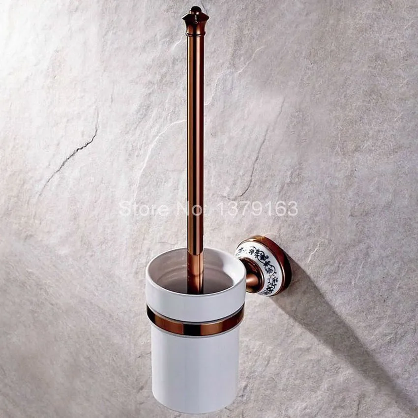 Luxury Golden Rose Gold Brass Wall Mounted Toilet Brush & Holder Set