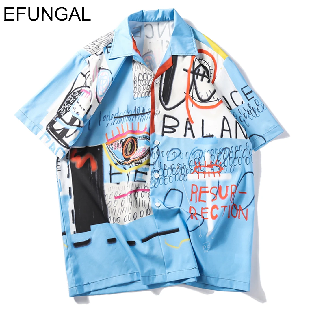 

EFUNGAL Letter Print Hawaii Shirt Men Women Summer Polyester Casual Shirts Hip Hop Short Sleeve Fashion Tops Tee 2019 Streetwear