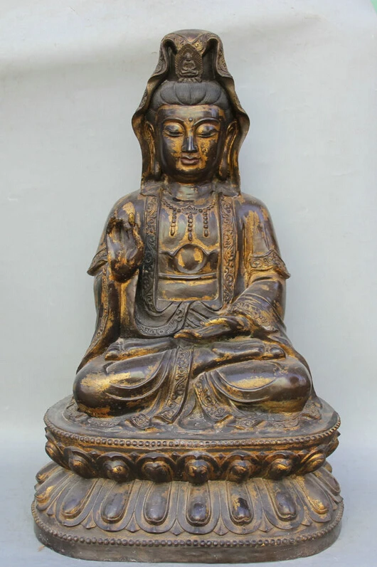 

Fast shipping USPS to USA S2401 28" Ancient Chinese Bronze Seat Kwan-yin Guan Yin Boddhisattva Goddess Statue
