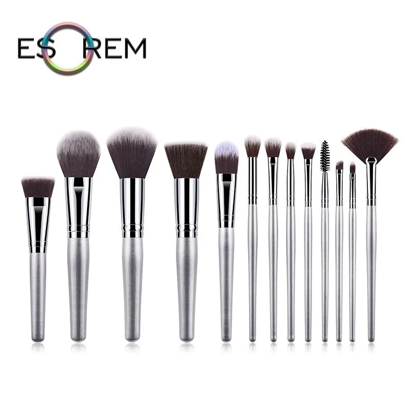 

ESOREM 13pcs Makeup Brushes Metallic Silver Handle Make Up Brush Synthetic Dense Fan Eyeliner Pinceles Maquillaje 070402