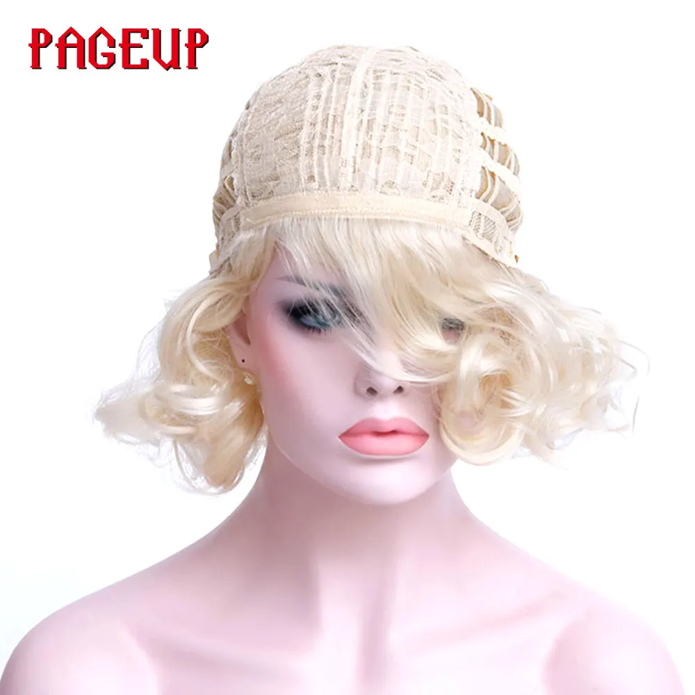 Peluca rubia platino Pelo Rizado sintético Pageup Cosplay pelucas de mujer resistentes al calor Afro peluca corta con flequillo para mujeres negras