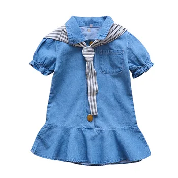 

2018 New Arrival Baby Girl Clothes Denim Jeans Dress Striped Tie Sailor Collar Short Sleeve Cotton Kids Trumpet Summer Dresses