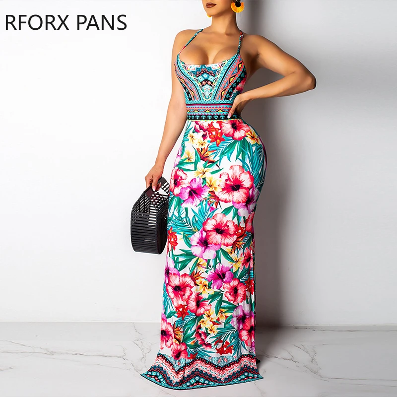 

Tropical Print Multi-Strap Back Maxi Dress Summer Dress