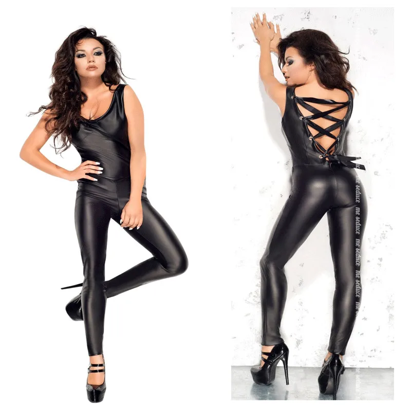 

Faux Leather Jumpsuit For Women Back Lace Up PU Leather Bodysuit Latex Catsuit Fetish Wear Sexy Bar Pole Dance Rompers Costume