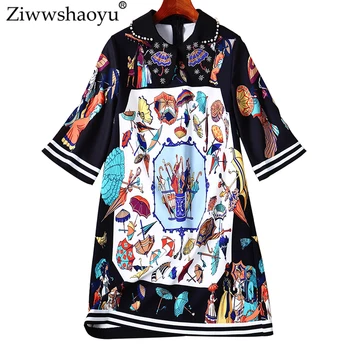 

Ziwwsahoyu Eegant Print Loose dresses Peter pan Collar Beading Diamonds temperament Slim dressSummer new women's