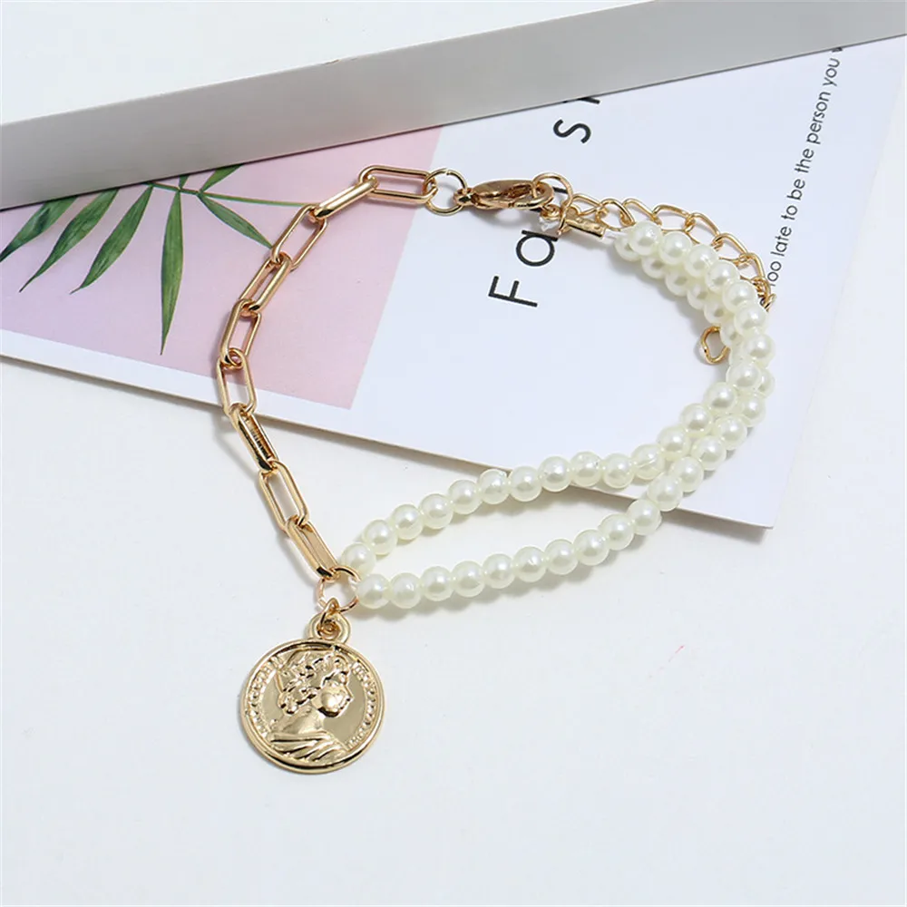

Pearl Gold Color Round Coin Pendant Necklace For Women Simple Portrait Charm Bracelet Dainty Layering Bileklik Pulseras Mujer