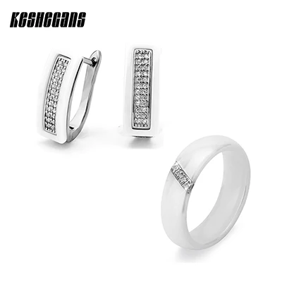 Модные женские серьги и кольца набор с шикарными кристаллами U Ben Slash стразы серьги керамические кольца набор для женщин ювелирные изделия - Окраска металла: White
