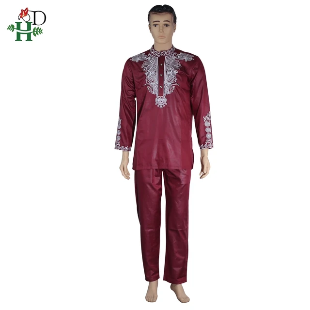H&D Dashiki Mens Top Pant 2 Pieces Outfit Set African Men Clothes 2022 Riche African Clothing For Men Dashiki Shirt With Trouser Red
