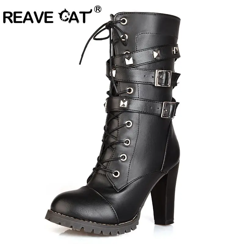 REAVE CAT Ladies shoes Women boots High heels Platform Buckle Zipper Rivets Sapatos femininos