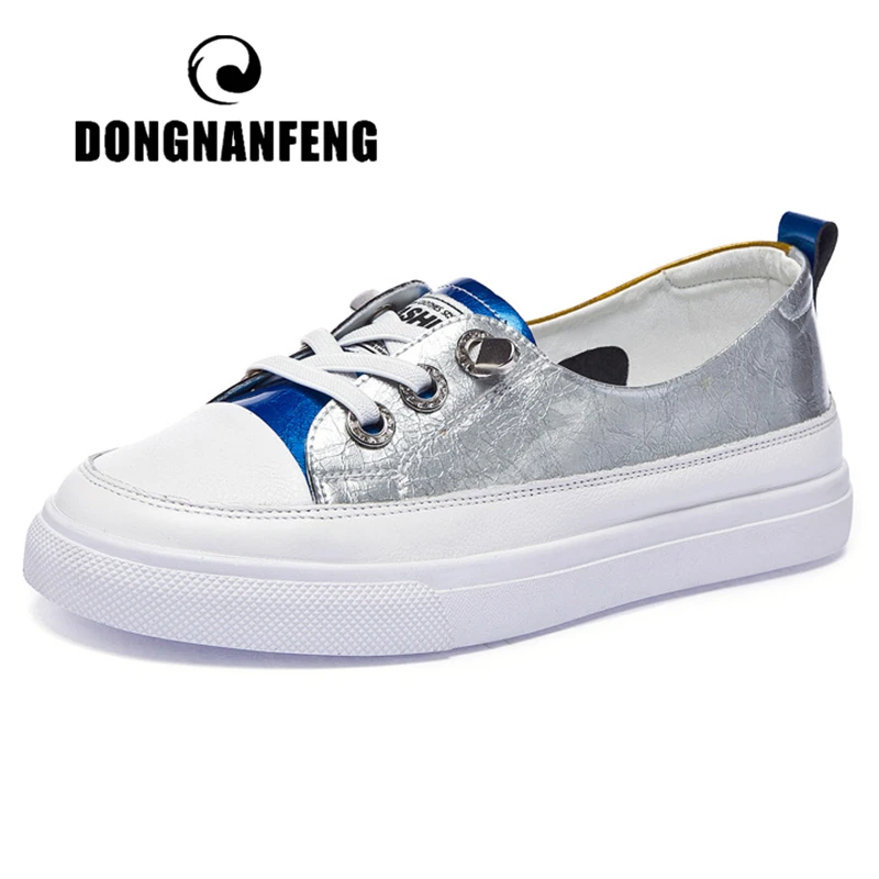 

DONGNANFENG Female Women's Gril Genuine Leather PU Sport White Shoes Flats Sneakers Lace Up Korean Vulcanized Shoes BLS-1982