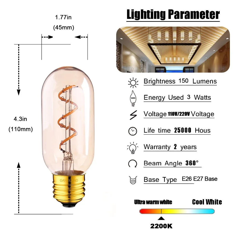 GANRILAND затемнения T45 трубчатые спирально светодиодный Лампа накаливания EDISON гибкий светодиодный светильник золотой оттенок 3 W E26 E27