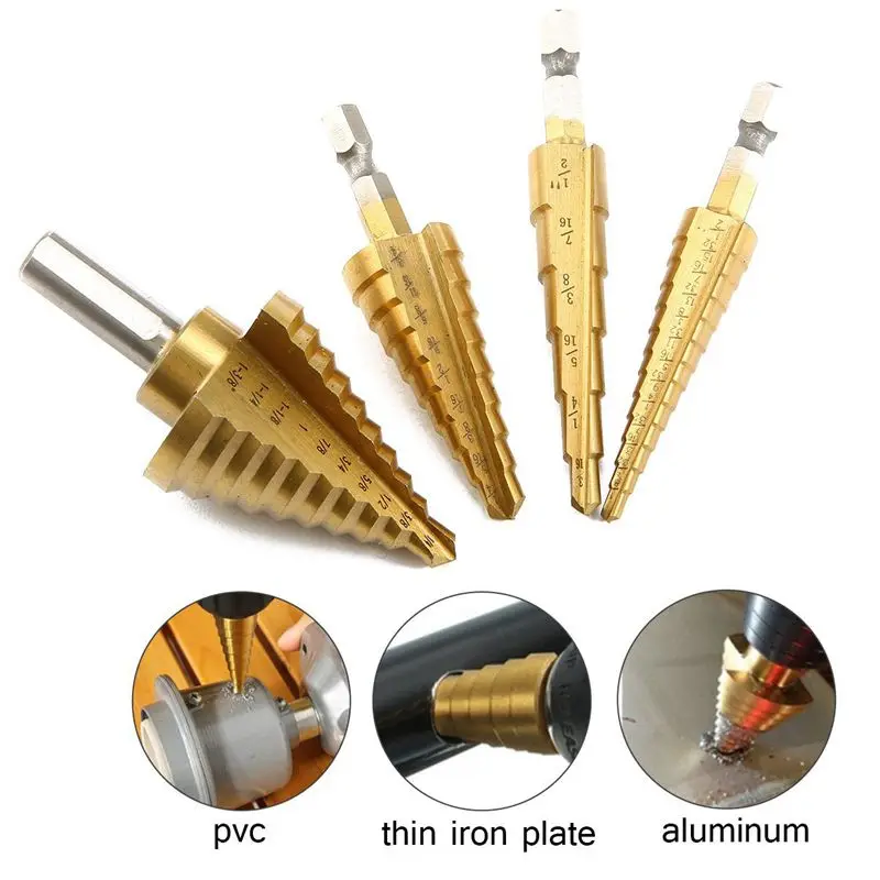 

HHO-4pcs HSS Titanium Coating Step Drills, Step Drills