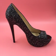 2016 Sequined Real Black Women Pumps Sandals 2016 Slip On Peep Toe High Thin Heels Custom Made Plus Size New Arrive CHeap Modest