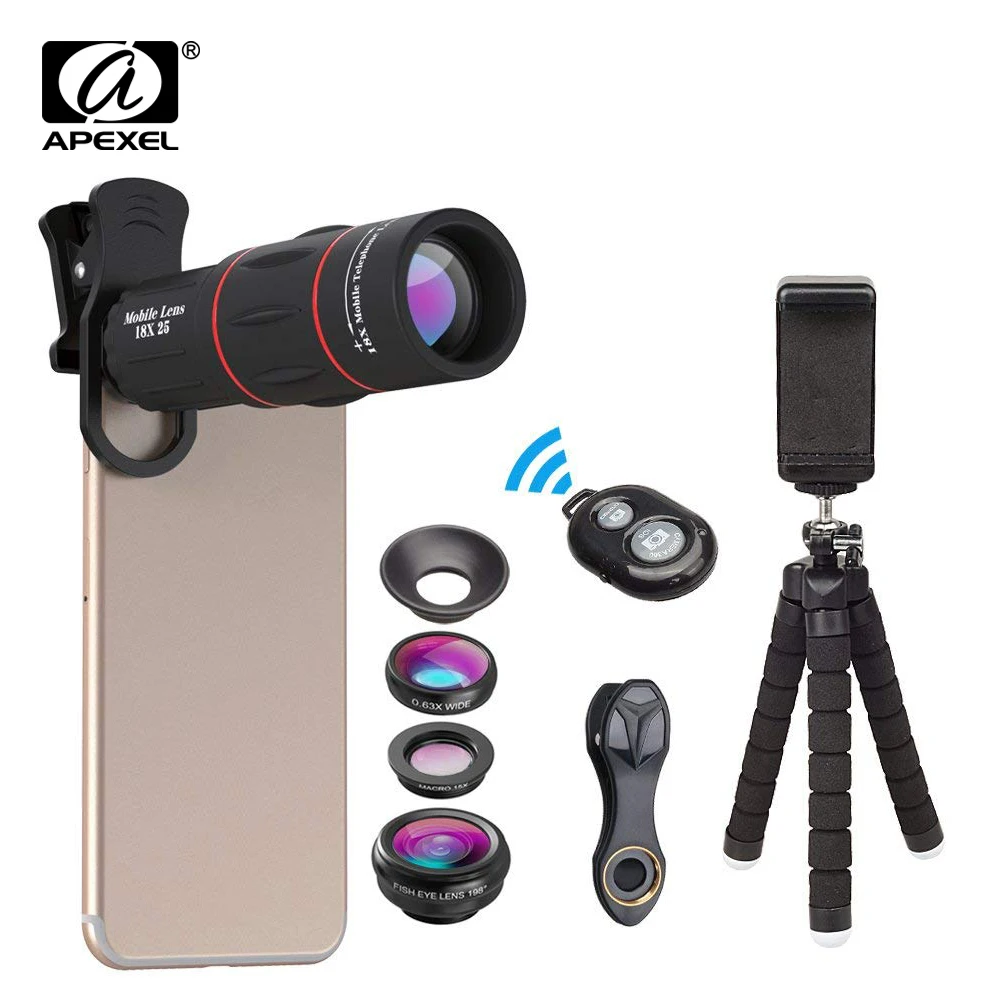 APEXEL 3 in 1 Phone Lens Kit +Tripod With Bluetooth 18X Telescope Fisheye Wide Angle telephoto Macro Lens For All Smartphones