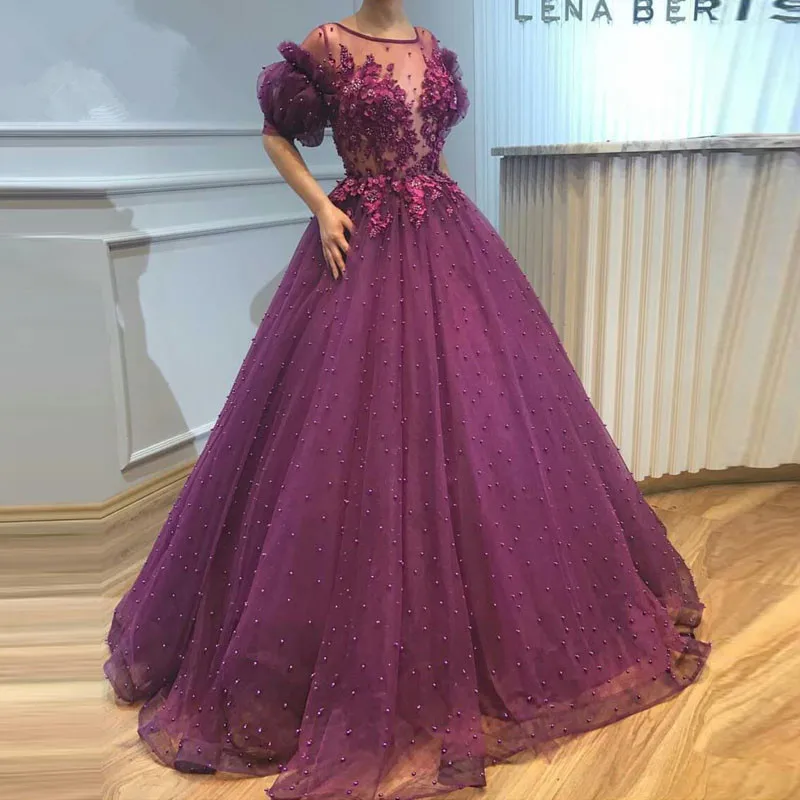 

Purple Vestido De Noiva 2019 Muslim Wedding Dresses Ball Gown Half Sleeves Tulle Pearl Dubai Arabic Wedding Gown Bridal Dresses