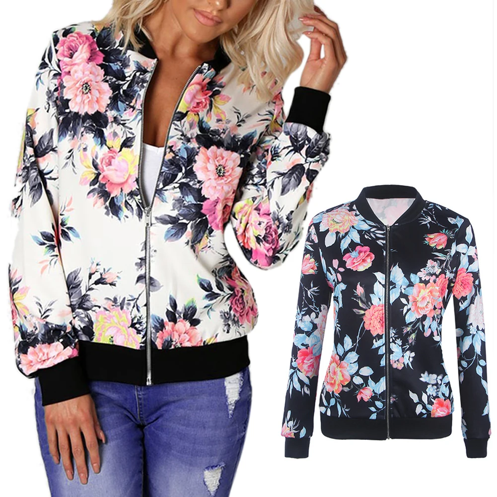Finest Women Retro Flower Floral Print Jacket Zipper Bomber Collar Slim Coat Casual Outwear Female Autumn