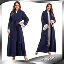 Plus Size Robe Malaysia Abaya Dubai Kaftan Women Beading Pearl Lace Kimono Cardigan Muslim Hijab Dress Turkish Islamic Clothing pearl beading kimono sleeve crushed velvet tee