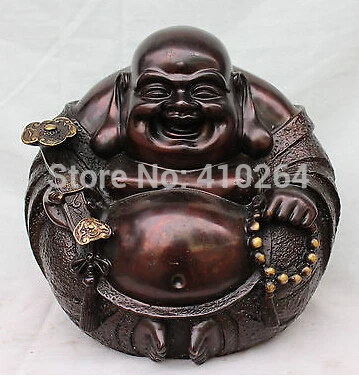 

9" Chinese Bronze Gilt Happy Laugh Maitreya Buddha Hold Ruyi Bead States Statue