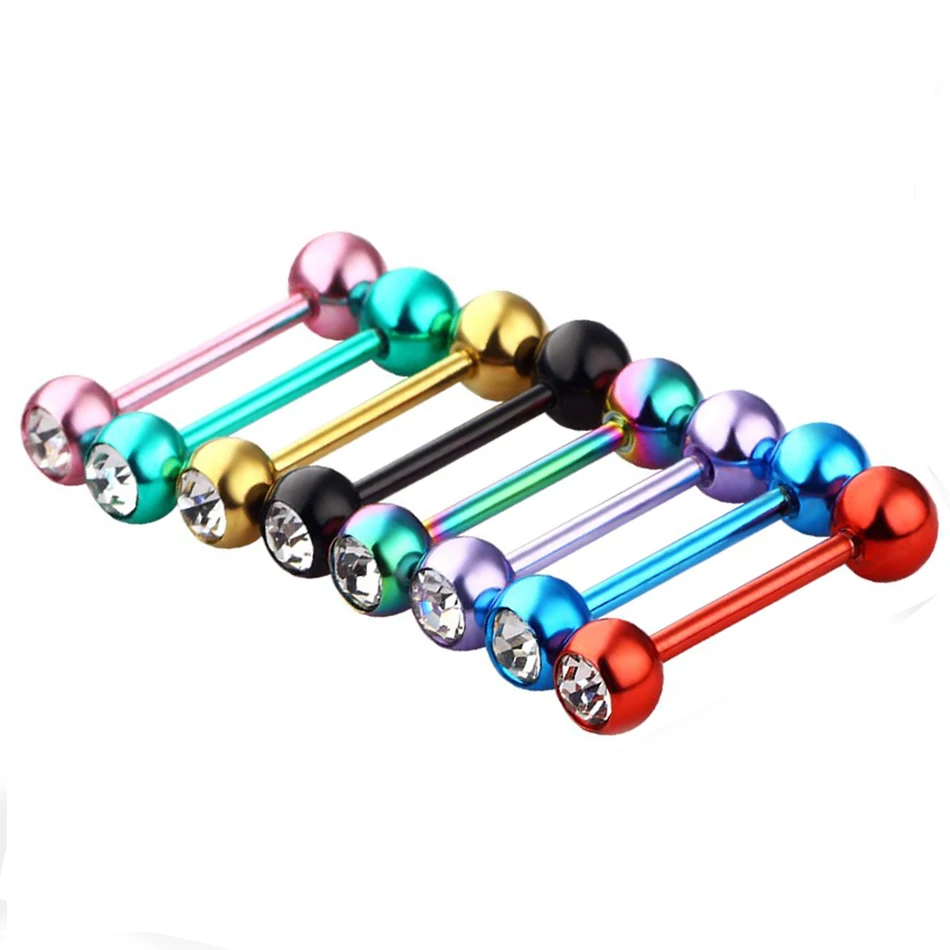 1Pc Surgical Steel Tongue Rings With CZ Rhinestone Tongue Barbell
