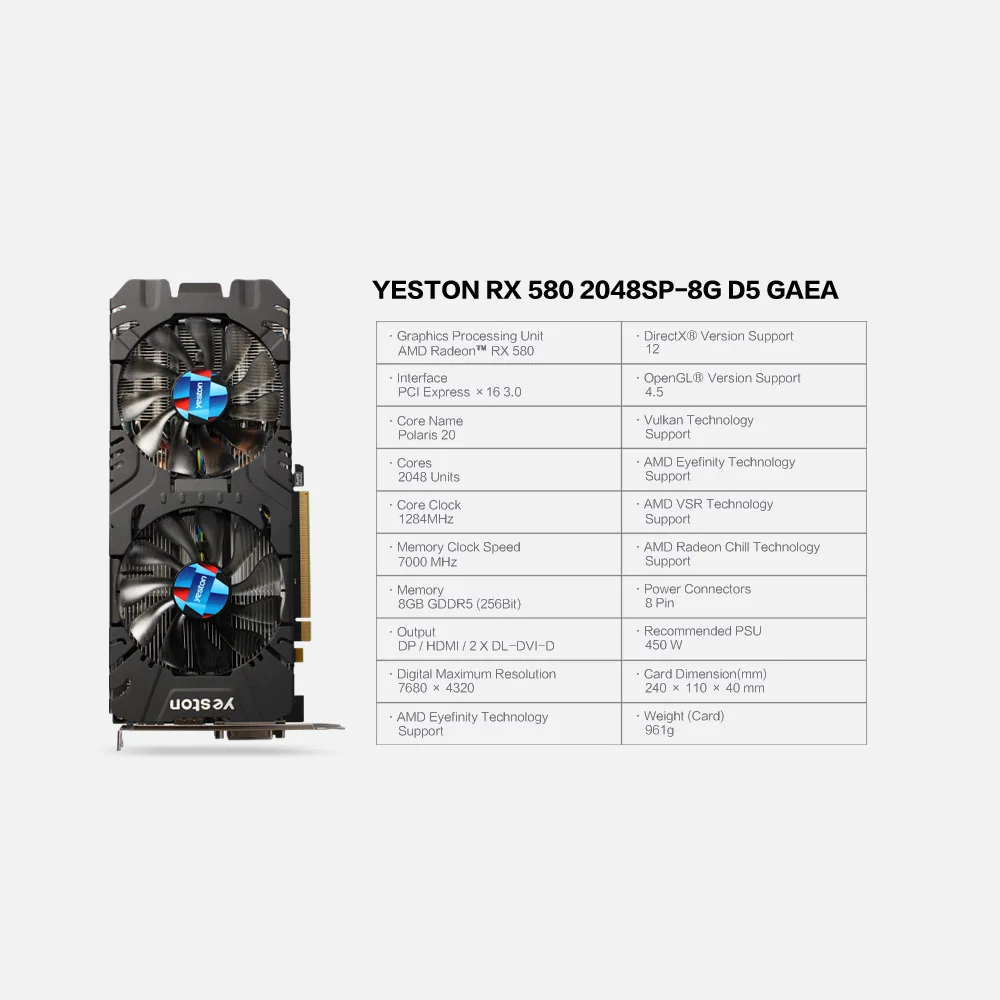 Новая видеокарта PPYY-Yeston Radeon Rx580 2048 Sp-8G Gddr5 Pci Express X16 3,0, внешняя видеокарта для настольных компьютеров