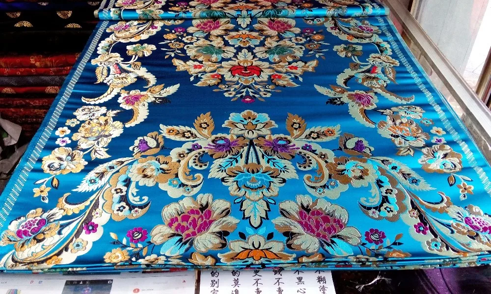 

chinese traditional 75CM Polyester brocade lake blue back with red gold green blue big leaf and peony Positioned pattern