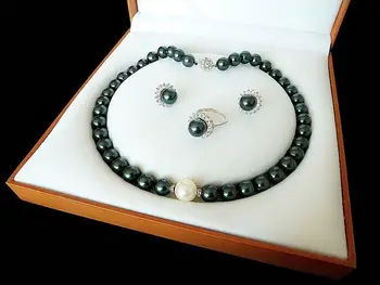 

free shipping 07701 black green shell pearl luxury ring earring and necklace set (A0423)