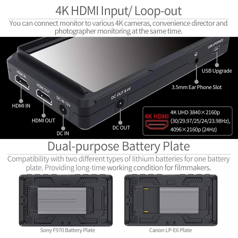 F5 5 дюймов для однообъективной цифровой зеркальной фотокамеры на полевом мониторе камеры небольшой Full Hd 1920x1080 Ips видео Peaking Focus Assist с 4K Hdmi 8,4 V Dc входом Outpu