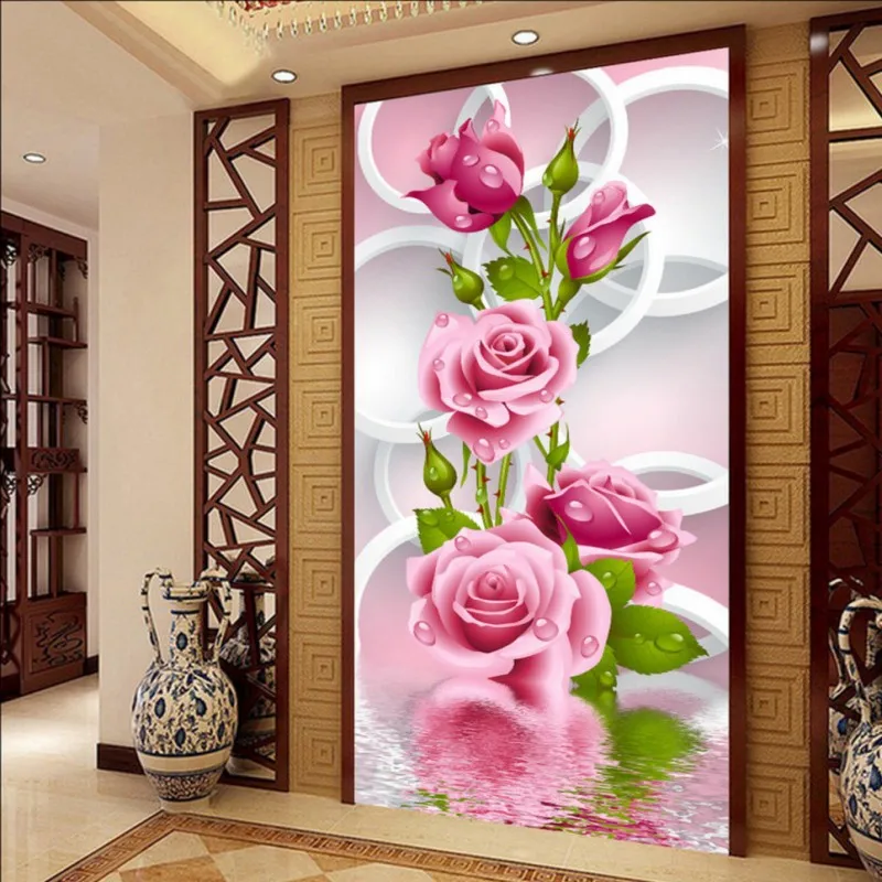 

Photo wallpaper 3D Circle Circle Rose Mural Living Room Restaurant Hotel entrance Wallpaper Aisle Background Decorative painting