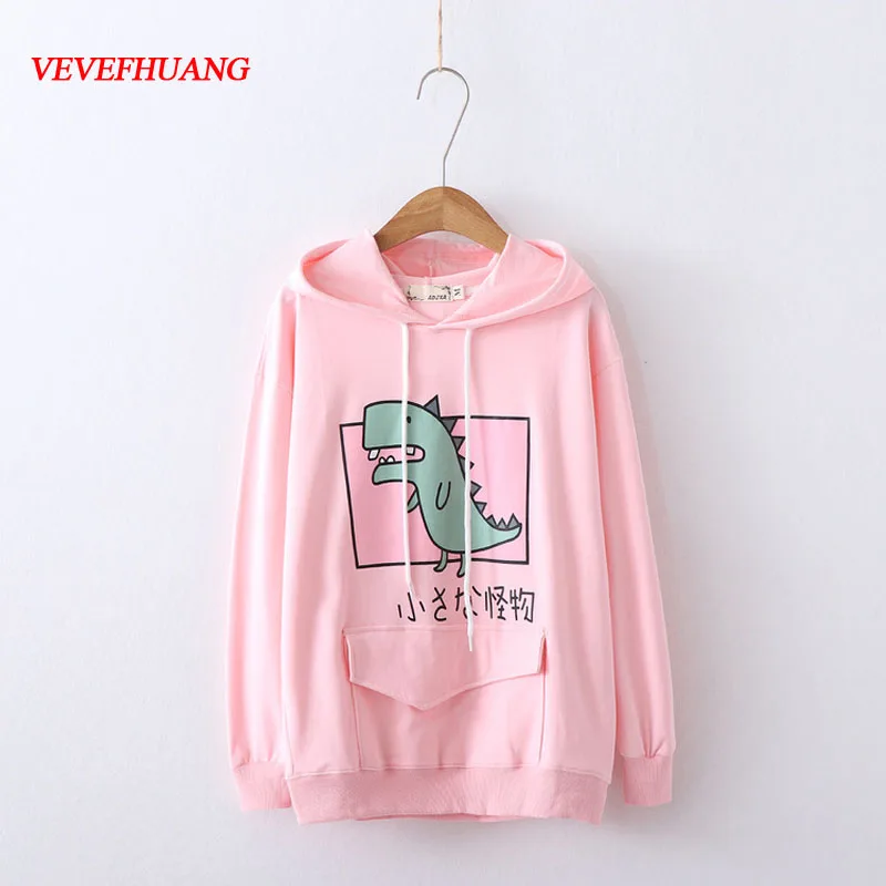 

Japanese Spring Autumn New Women Hoodie Casual Loose Kawaii Cartoon Dinosaur Letter Printed Hooded Sweatshirts Pullovers Tops