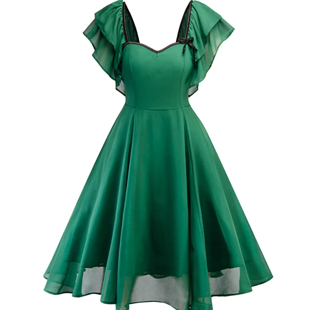 

Plus Size Vintage Dress Short Sleeve Chiffon Women Green Retro Rockabilly Pin Up 50s 60s Audrey Hepburn Large Swing Ruffle Dress