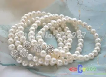 

wholesale Stretch 8" 8mm white pearl silver gemmy bead bracelet 5pcs