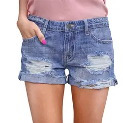 Сезон: весна-лето пикантные Рваные джинсовые шорты для женщин элегантные дамы проблемных Fringe Шорты синие джинсовые шорты плюс размеры