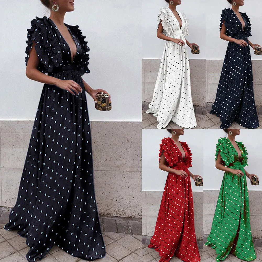 

Sexy party dress Women fashion Dot print robe femme Vintage Fly Sleeve Backless Hollow Long Party dress Plus Size Dress vestidos