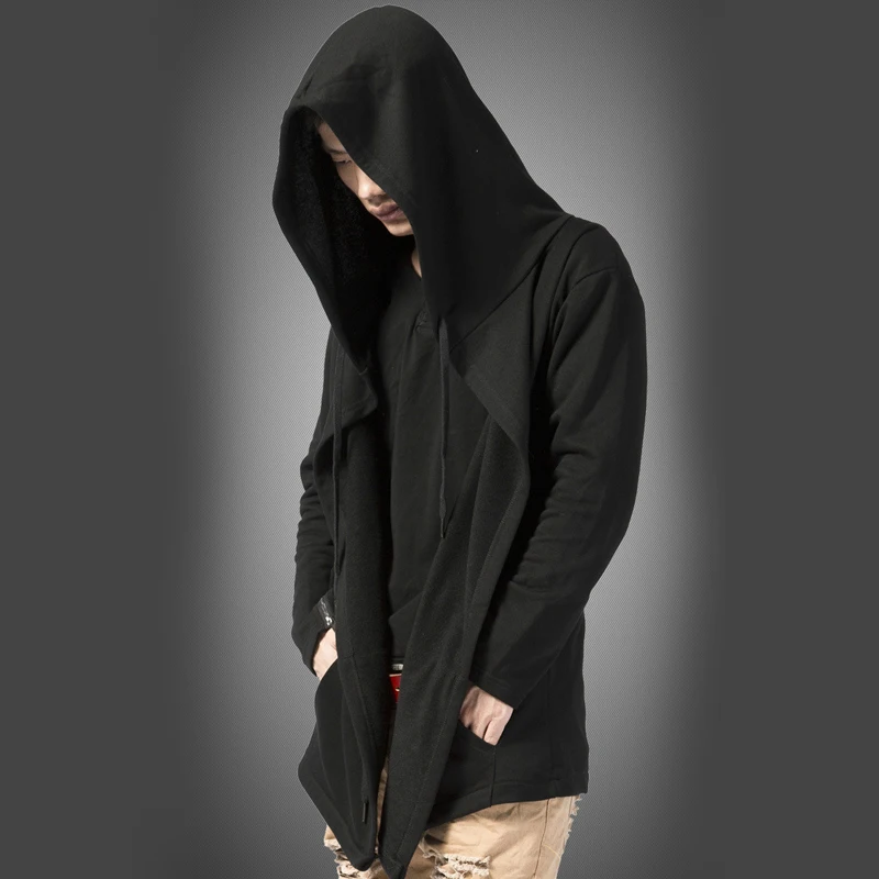 

New Europe America Hoodies Men Long Sleeve Sweatshirts Black Cloak Shawl Outwear Streetwear Style Hooded Men's Plus Long Hoodie