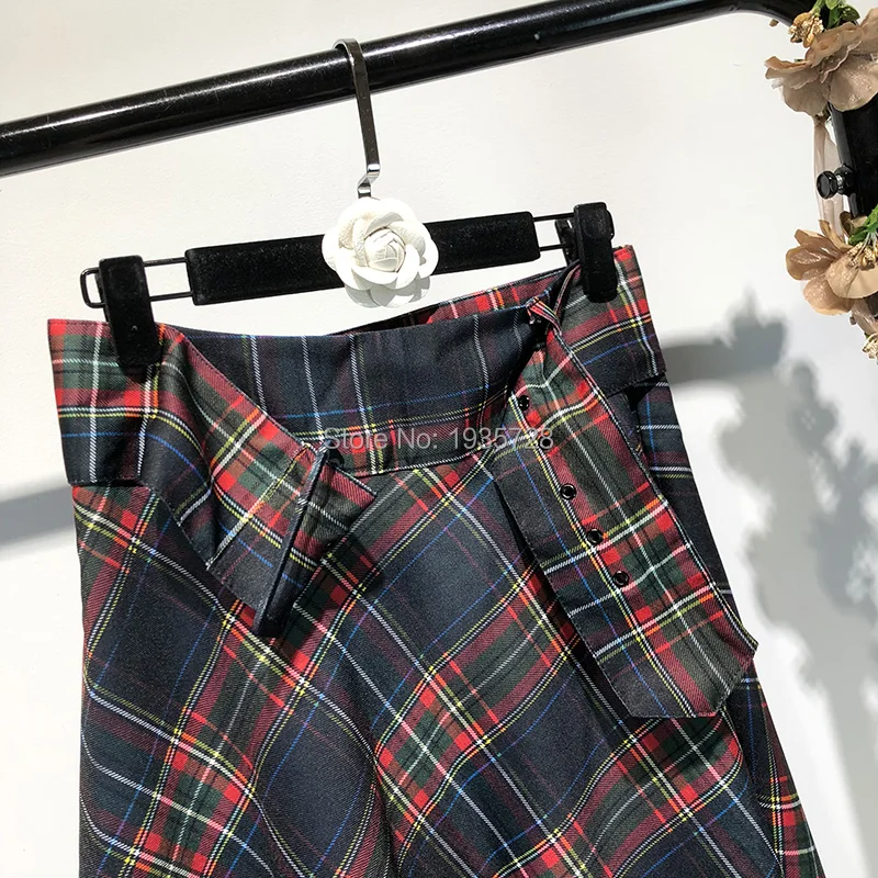 Осень Для женщин Высокая Талия проверьте A-Line Midi Skirt с соответствующими пряжки ремня-дамы Винтаж клетчатая юбка молнию сбоку
