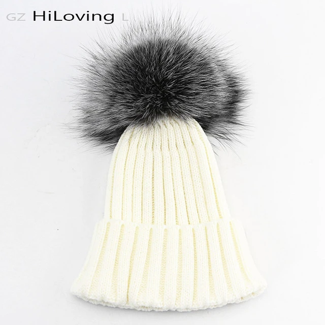 Silver fur pom pom beanie - Real fur pompom hat