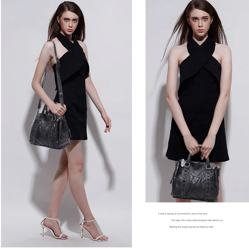 

Korea Style Fashion Genuine Leather Woman Handbag Lady Rivet Black Soft Sheepskin Top-handle Bag Messenger Shoulder Bag for Gift