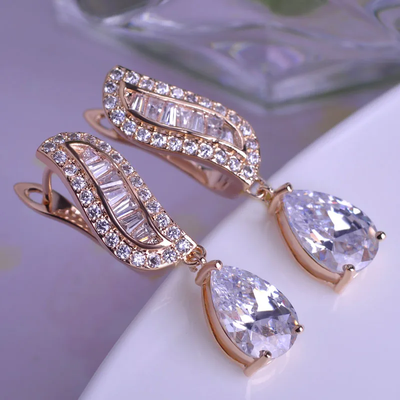 Blucome Luxuries Copper Dangle Earrings For Women Gold color Micro Pave Big Zircon Ear Drops Exquisite