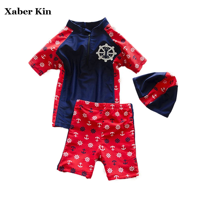 

New 2018 Boys Sports Swimming Suits 3pcs/set Children Kids Swimwear Hat+Shirt+Pants Suits Boys Swimsuits Beachwear G13-K56