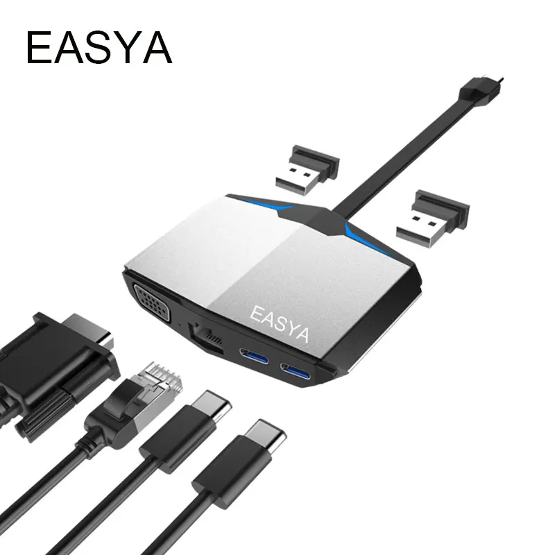 

EASYA 6-in-1 Thunderbolt 3 USB C Hub to VGA Rj45 1000Mbps Adapter with Type-C PD Date Transfer Port USB Hub 3.1 for Macbook Pro