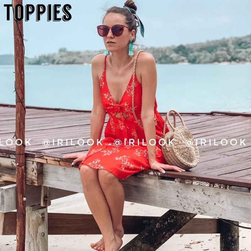Online Durante mucho tiempo, las mujeres vestido de estampado floral rojo camisolas vacaciones playa vestido de verano vestido frente arco nudo Sexy ropa con la espalda descubierta para las mujeres 2019